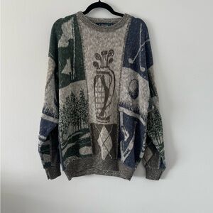 Vintage Carmel XL Abstract Patchwork Knit Sweater Oversized Earth Tone Pullover